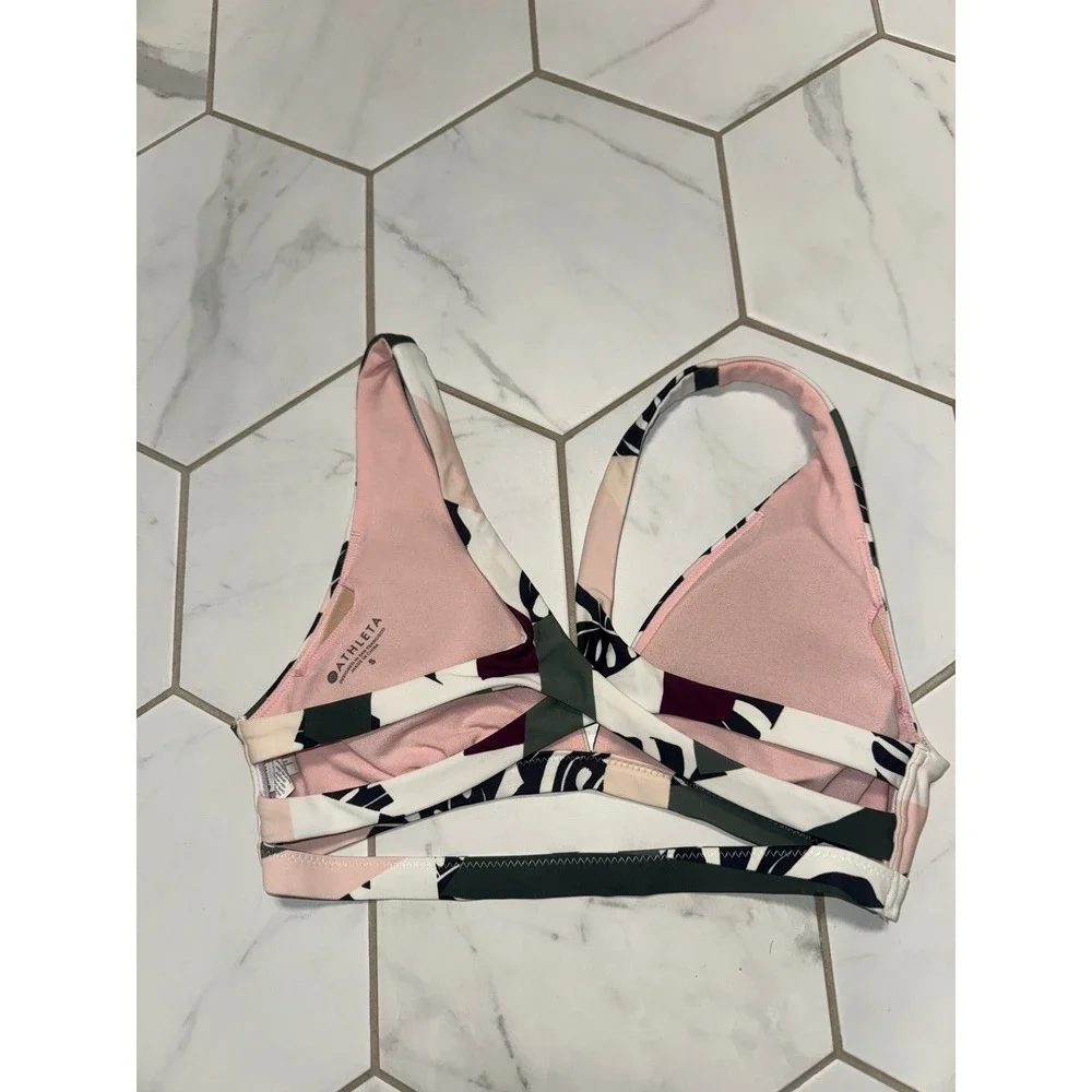 Athleta Tropical Print Crisscross Racerback Bikini Top Green Pink Size S - Picture 2 of 3